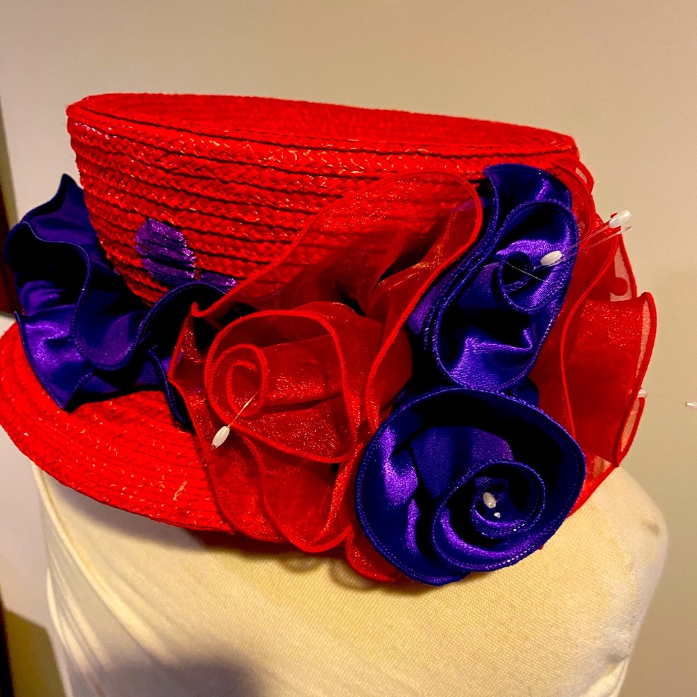 Red Hat Society Straw  Red Hat w/Flower Purple Swirl Trim Dress Church Derby